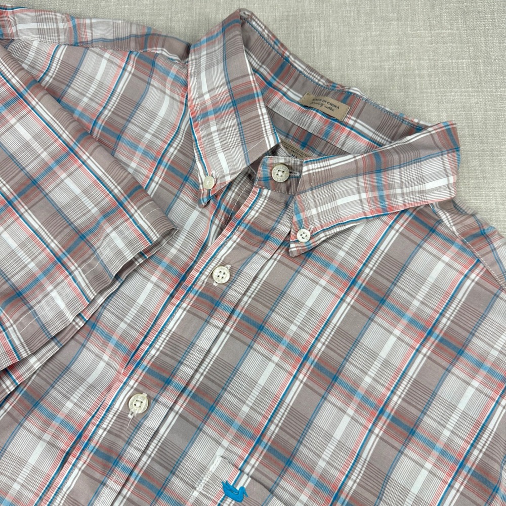 Southern Marsh Outfitter Button Down Mens Large Brown Plaid Short Sleeve Cotton